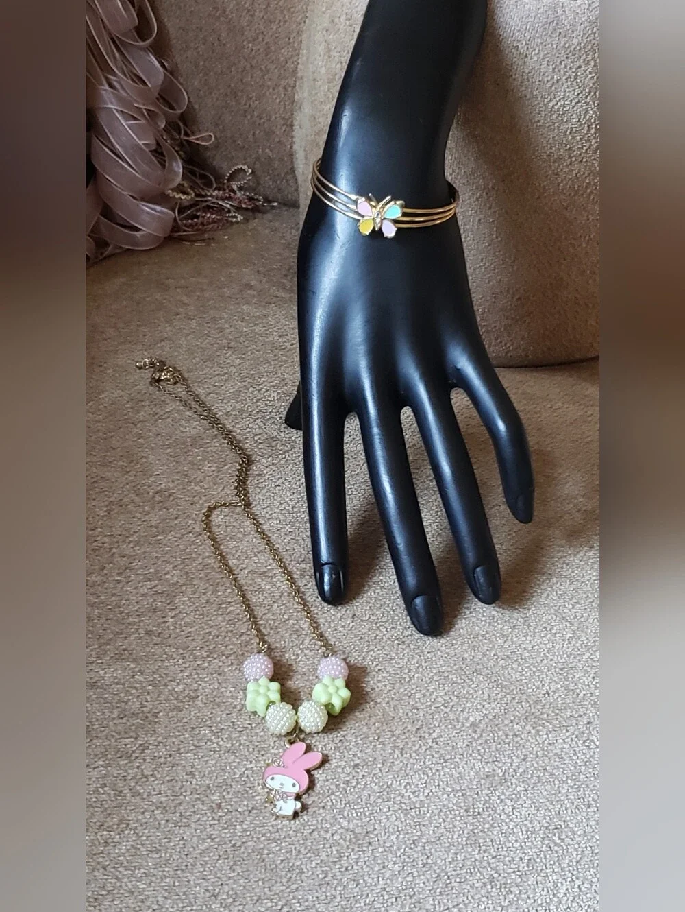 My Melody Best Friend Charm Necklace With Pastel Butterfly Cuff Bracelet Set